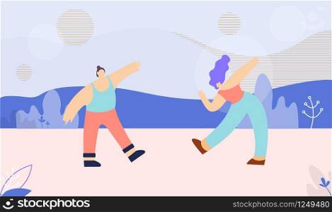 Flat Banner Template with Dancing Cartoon Multi Ethnic Caucasian and Asian Man Woman. Disco Party Festival Marathon Vector Illustration. Clubbing Couple Enjoying Dance over Floral Style. Dancing Multi Ethnic Couple Flat Banner Template