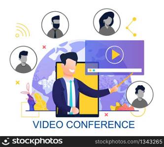 Flat Banner Video Conference on White Background. Vector Illustration. Young Smiling Man in Suit on Background Tablet with Yellow Screen Holds Presentation on form Video Communication.