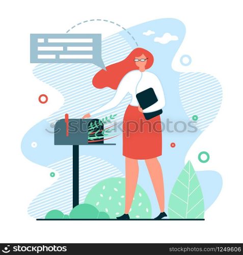 Flat Banner Waiting for Mail Vector Illustration. Girl in Casual Clothes Opens Mailbox. Woman is Waiting for Response in Mail. Communication without Use Modern Technology. Open Letter.