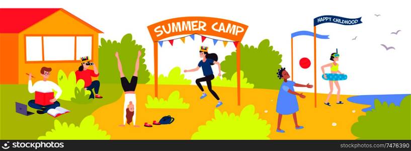 Flat banner with cheerful kids spending vacation in summer camp vector illustration