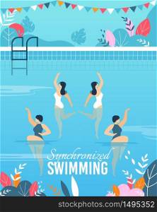 Flat Banner with Join Synchronized Swimming Performance. Cartoon Female Characters Team in Swimwear Swimming in Pool, Performing Tricks and Sport Elements. Competition. Vector Cartoon Illustration. Banner with Join Synchronized Swimming Performance