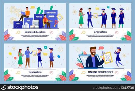 Flat Banner Written Express Education, Cartoon. Online Education, Graduation. Festively Dressed Man and Woman Present Graduation Certificates to Guys at University Students. Vector Illustration.