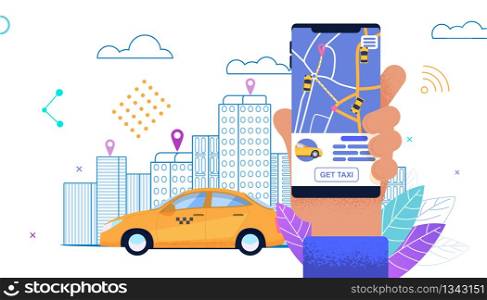 Flat Banner Yellow Automobile Worker Free Ride. Order and Call Taxi Metropolis around Clock. Route City Taxi Mobile Device. View Streets big City. Modern Application Equipment Passenger.