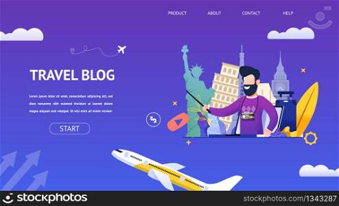 Flat Banner Young Bearded Man Leads a Travel Blog. Vector Illustration Guy Talking about Sights Travel Country Interesting Places to Stay. Flying Plane on Blue Background. Vacation Planning