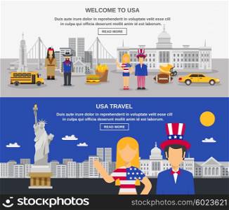 Flat Banners Composition USA Culture. Cultural travel sightseeing USA information online 2 flat banners design webpage with american symbols abstract vector illustration