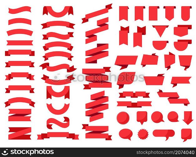Flat banners. Curly ribbons collection tags decorative flags recent vector colored set. Red tape, tag label scroll, badge curled sticker illustration. Flat banners. Curly ribbons collection tags decorative flags recent vector colored set
