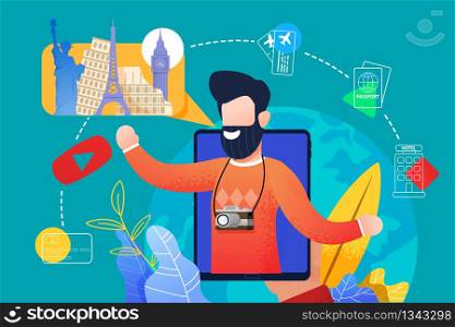 Flat Bearded Man Talks about Traveling with Tablet. Vector Illustration Young Guy Blogger, Shows Online Sights Country Travel. Assistance in Buying Plane Tickets, Hotel Booking, Visa Processing
