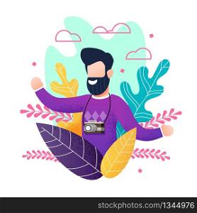 Flat Bearded Smiling Man with Camera Enjoying Summer Vacation. Cartoon Happy Male Tourist Satisfied with travel and Voyage. Vector Illustration with Plant Leaves Design and Clouds on Backdrop. Bearded Smiling Man with Camera Enjoying Summer