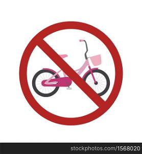 Flat bike in the prohibition sign. Ban on cycling. Child bike in the ban. Vector element for badges, labels, icons and your design.. Flat bike in the prohibition sign. Ban on cycling. Child bike in the ban.