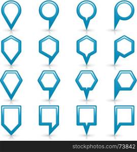 Flat blue color map pin sign location icon. Flat blue color map pin sign location icon with gray shadow and reflection isolated on white background. Web design element save in vector illustration 8 eps