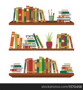 Flat book on bookshelves. Pile books on shelf with stationery and glasses for school room. Stack dictionary for education. Office folders on shelves. Bookshelf for classroom or bookstore. vector. Flat book on bookshelves. Pile books on shelf with stationery and glasses for school room. Stack dictionary for education. Office folders on shelves. Bookshelf for classroom or bookstore. vector.