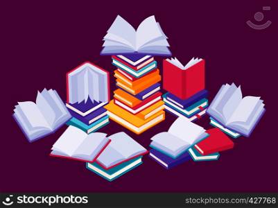 Flat books concept. Study reading and education illustration with stack of open close and flying books. Vector knowledge reading poster. Flat books concept. Study reading and education illustration with stack of open close and flying books. Vector knowledge poster