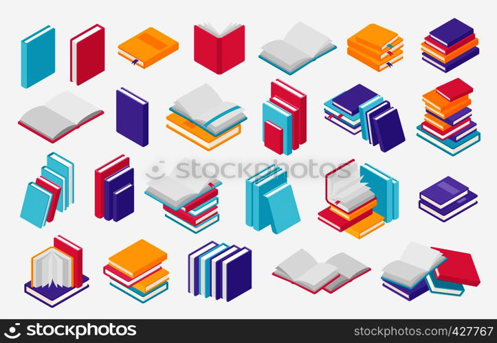 Flat books icons. Stack of open and close books, magazines textbooks and brochures, vector group of books for learning and education in library. Flat books icons. Stack of open and close books, magazines textbooks and brochures, vector group of books for learning and education