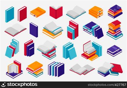 Flat books icons. Stack of open and close books, magazines textbooks and brochures, vector group of books for learning and education in library. Flat books icons. Stack of open and close books, magazines textbooks and brochures, vector group of books for learning and education