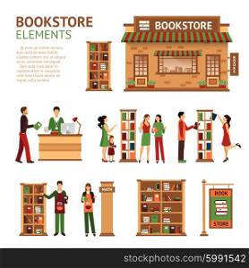 Flat Bookstore Elements Images Set. Images set of bookstore elements like store building cashbox booksellers and customers choosing books isolated vector illustration