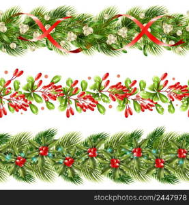 Flat border seamless pattern set with christmas holiday winter berries and ribbons vector illustration. Christmas Berry Border Seamless Pattern Set
