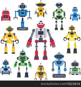 Flat bots and robots. Robotic bot mascot, humanoid robot and cute chatbot assistant vector flat characters set