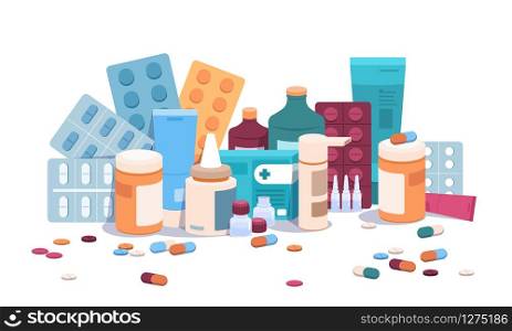 Flat bottles and pills. Medicine pills capsules and blisters, medical supplements and drugs addiction concept. Vector cartoon illustration pharmaceutical flat medication objects. Flat bottles and pills. Medicine pills capsules and blisters, medical supplements and drugs addiction concept. Vector cartoon pharmaceutical