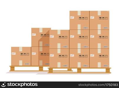 Flat boxes pallet. Cardboard box, cargo wood pallets and parcels. Warehouse stack cartons for delivery. Vector paper containers illustration. Carton container parcel, cargo cardboard. Flat boxes pallet. Cardboard box, cargo wood pallets and parcels. Warehouse stack cartons for delivery. Vector paper containers illustration