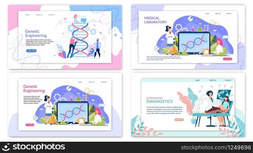 Flat Bright Flyer Genetic Engineering Lettering. Set Banner Inscription Medical Laboratory, Ultrasound Diagnostics. Medical Geneticist is Standing Next To Laptop. Woman is Undergoing Research Clinic.