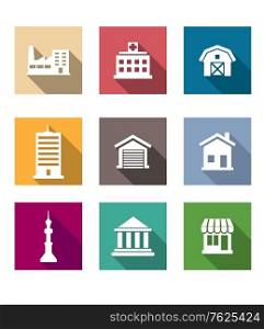 Flat buildings icons set on colourful square web buttons depicting industry hospital barn skyscraper garage, house, communications tower, bank or university and shop