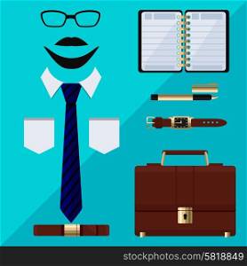 Flat business collection dress. Businessman style. Concept of business tools
