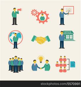 Flat business people meeting icons set of collaboration and teamwork isolated vector illustration