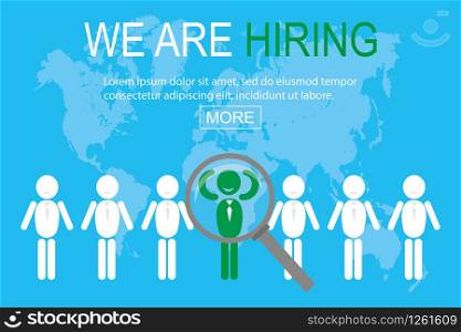 Flat candidate selection,human icon for the job vacancy,business recruitment concept,magnifying glass in hand, vector cartoon illustration.
