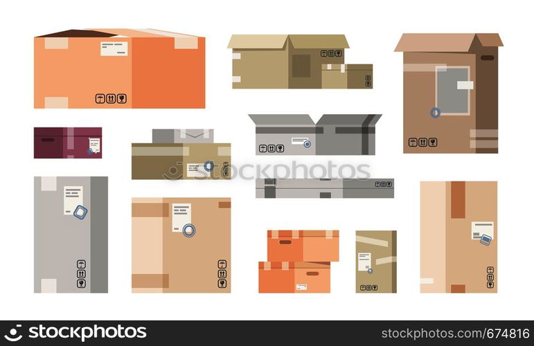 Flat cardboard boxes. Carton warehouse packs, 3D cargo packages, isolated delivery goods. Vector different carton closed and open post boxes set. Flat cardboard boxes. Carton warehouse packs, 3D cargo packages, isolated delivery goods. Vector different carton post boxes set