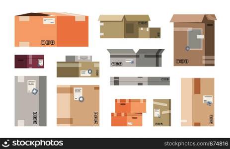 Flat cardboard boxes. Carton warehouse packs, 3D cargo packages, isolated delivery goods. Vector different carton closed and open post boxes set. Flat cardboard boxes. Carton warehouse packs, 3D cargo packages, isolated delivery goods. Vector different carton post boxes set