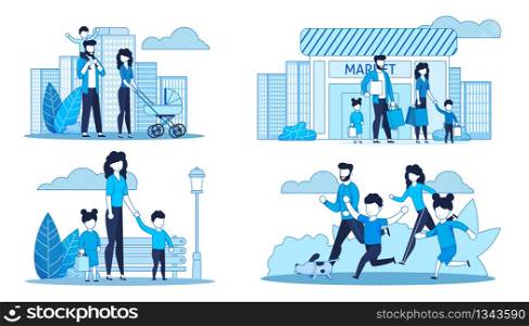 Flat Cards Set with Family Spending Time Together. Vector Cartoon Parents and Children Shopping at Market, Walking in Urban Street, Jogging, Single Mother with Kids in City Park Illustration. Flat Cards Set with Family Spending Time Together