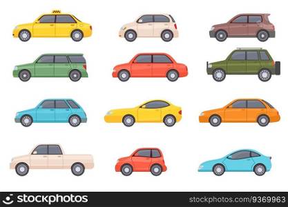 Flat cars. Cartoon vehicle side view. Taxi, minivan, mini car, suv and pickup truck. City auto transport icons. Automobile design vector set. City transportation objects isolated on white. Flat cars. Cartoon vehicle side view. Taxi, minivan, mini car, suv and pickup truck. City auto transport icons. Automobile design vector set
