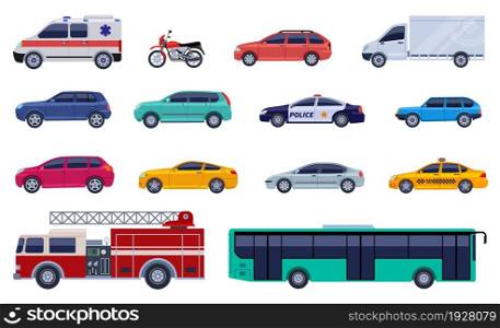 Flat cars collection. Auto design, car and bus. Isolated smart vehicles, city public transport and taxi. Transporting exact vector. Illustration of automobile car police taxi and set of transport. Flat cars collection. Auto design, car and bus objects. Isolated smart vehicles, city public transport and taxi. Transporting exact vector collection
