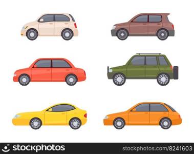 Flat cars sedan collection view of side. Vector auto vehicle transportation, automotive hatchback, urban and compact illustration. Flat cars sedan collection view of side