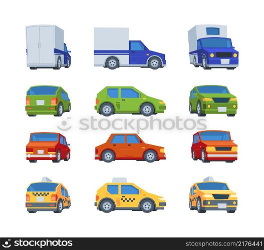 Flat cars. Various views of vehicles body face of transport model position garish vector cars illustrations. Car taxi, transport vehicle and automobile. Flat cars. Various views of vehicles body face of transport model position garish vector cars illustrations