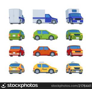 Flat cars. Various views of vehicles body face of transport model position garish vector cars illustrations. Car taxi, transport vehicle and automobile. Flat cars. Various views of vehicles body face of transport model position garish vector cars illustrations