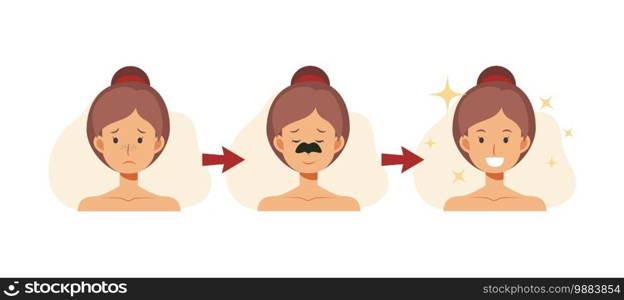 Flat cartoon character vector illustration of pretty woman using anti-blackhead nose strip. skin problem shows the result of using care cosmetic product.