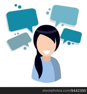 Flat cartoon Cloud text bubble dialog. Conversation and Talk.. Dark-haired woman. Ponytail on head.