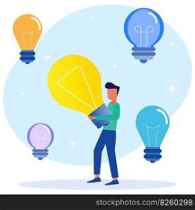 Flat cartoon colorful vector illustration. happy genius young man holding light bulb. The concept of generation of innovative ideas, creative thinking, creativity and imagination.