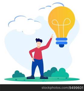 Flat cartoon colorful vector illustration. happy genius young man holding light bulb. The concept of generation of innovative ideas, creative thinking, creativity and imagination.