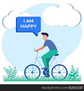 Flat cartoon colorful vector illustration. happy man riding bicycle in park. Positive and cheerful young man on bicycle. Fun male cyclist.