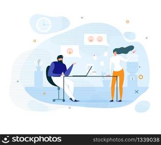 Flat Cartoon Coworkers Characters Having Conversation. Man and Woman Sharing Emotions and Feelings during Working Time. Office Informal Communication. Vector Smiles in Speech Bubbles Illustration. Flat Coworkers and Office Informal Communication