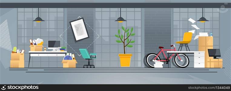Flat Cartoon Coworking Office with Accessories in Boxes, Paper Documents Pile, Digital Equipment and Furniture. Relocation and Move to New Address, Changing Place Location. Vector Illustration. Cartoon Coworking Office with Accessories in Boxes