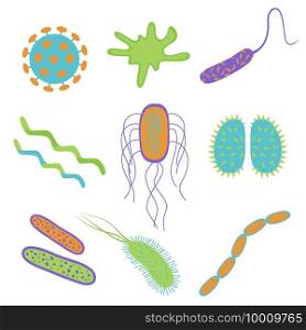 Flat cartoon design germs and bacteria icons set  isolated on white background.  Shape of bacterial cell.  Vector illustration of microorganisms.