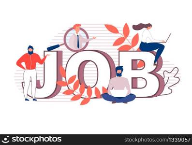 Flat Cartoon Huge Letters Makes Word Job Banner. Business Talent Searching Work and HR Agents Examining CV. Hiring People and Employers Using Smart Technology. Human Resource. Vector Text Illustration. Flat Cartoon Huge Letters Making Word Job Banner