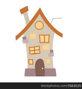 Flat cartoon illustration of a multi-storey village house with a chimney and antenna on a white background. Lovely home. Vector element for stickers, cards and your creativity.. Flat cartoon illustration of a multi-storey village house with a chimney and antenna on a white background. Lovely home. Vector element