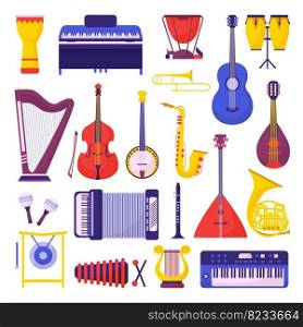 Flat cartoon musical instruments. Music instrumental clipart, composer elements. Piano and clarinet, accordion and trumpet. Neoteric orchestra vector set of instrument music to orchestra illustration. Flat cartoon musical instruments. Music instrumental clipart, composer elements. Piano and clarinet, accordion and trumpet. Neoteric orchestra vector set