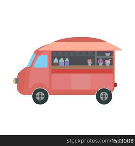 Flat cartoon of an ice cream food truck on white background. Vintage pink retro car. Colorful vector illustration for cards, banners, menu, placard and your design.. Flat cartoon of an ice cream food truck on white background. Vintage pink retro car. Colorful vector illustration