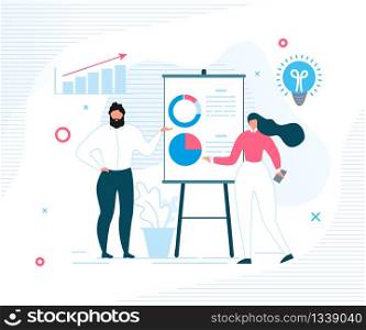 Flat Cartoon People Office Worker Characters Report Showing Statistics in Charts on Interactive Dashboard. Man Analyzing Database and Woman Brainstorming. Vector Financial Management Illustration. People Office Worker Report Showing Statistics