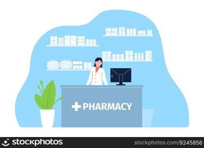 Flat cartoon pharmacist behind counter drugstore. Pharmacy scientist, seller in clinic or hospital pharma store. Health and medications vector scene of pharmacist and pharmacy store illustration. Flat cartoon pharmacist behind counter drugstore. Pharmacy scientist, seller in clinic or hospital pharma store. Health and medications recent vector scene